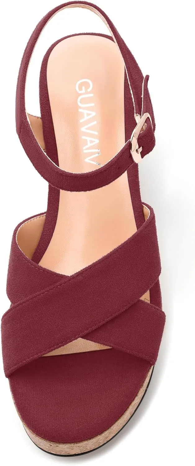 Women's Wedge Sandals, Open Round Toe Heeled Sandals for Women, Ankle Strap Buckle Fashion Solid Platform Sandals for Dating Working Party