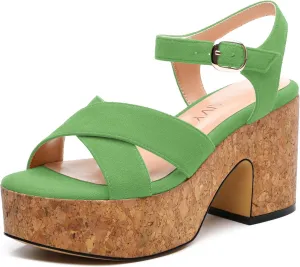 Women's Wedge Sandals, Open Round Toe Heeled Sandals for Women, Ankle Strap Buckle Fashion Solid Platform Sandals for Dating Working Party