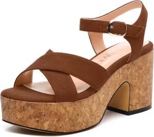 Women's Wedge Sandals, Open Round Toe Heeled Sandals for Women, Ankle Strap Buckle Fashion Solid Platform Sandals for Dating Working Party