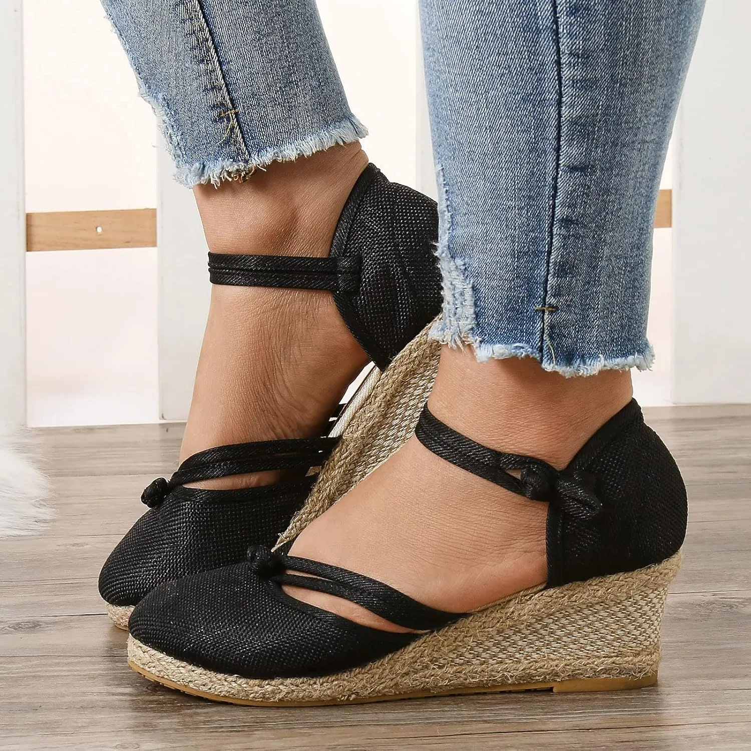 Womenyiaor Wedge Sandals for Women, Women's Closed Toe Elastic Ankle Strap Espadrilles Wedge Sandals Low Wedge Heel Sandals Dressy Summer Casual Platform Shoes