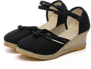 Womenyiaor Wedge Sandals for Women, Women's Closed Toe Elastic Ankle Strap Espadrilles Wedge Sandals Low Wedge Heel Sandals Dressy Summer Casual Platform Shoes