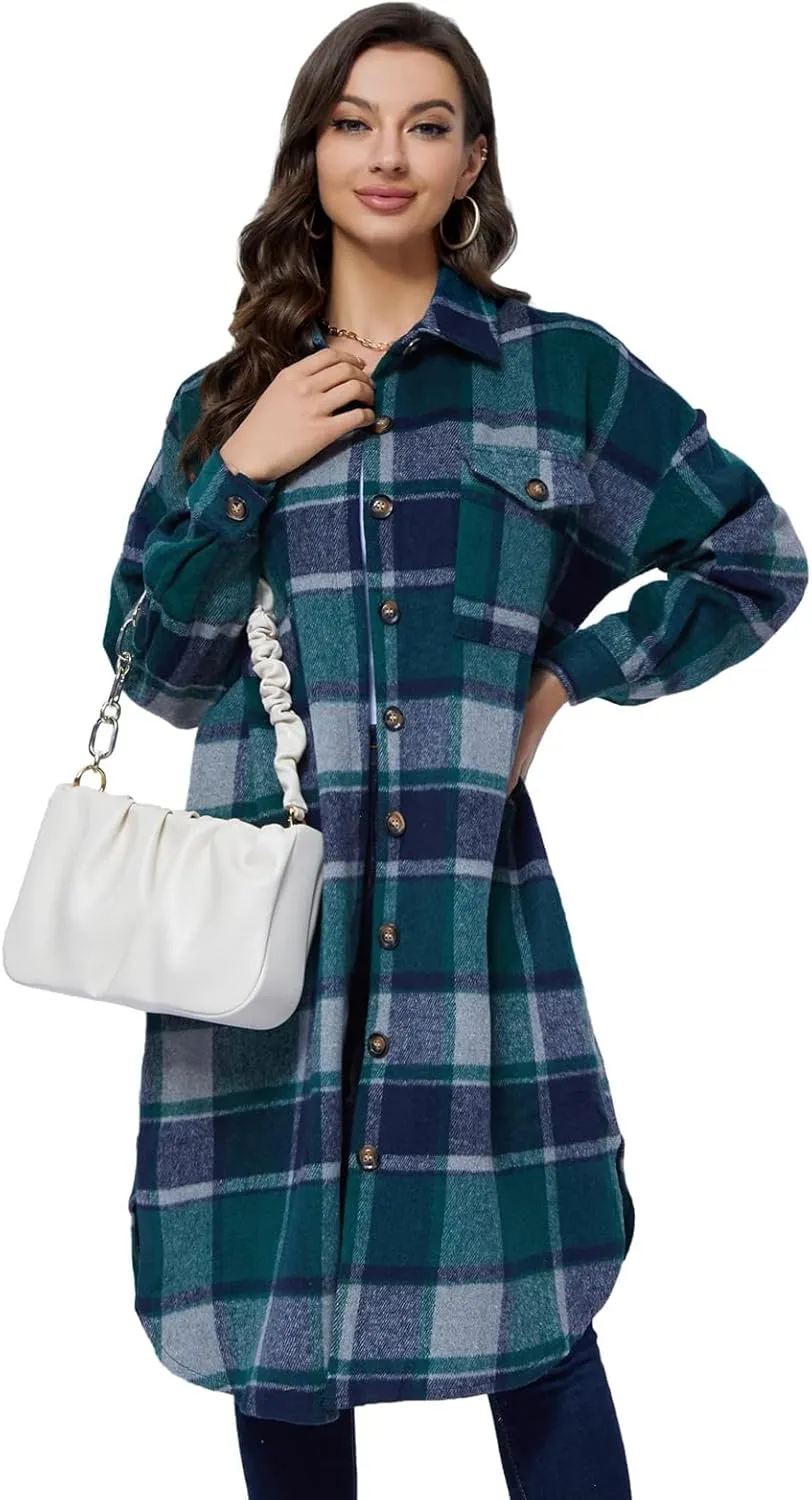 Xaspee Womens Long Plaid Shacket Jacket Casual Fashion Lapel Button Down Long Sleeve Long Plaid Coat with Pockets