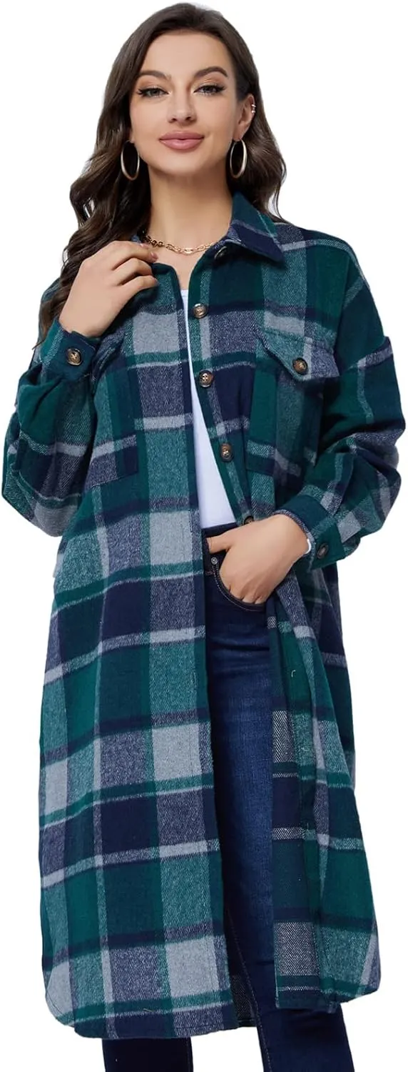 Xaspee Womens Long Plaid Shacket Jacket Casual Fashion Lapel Button Down Long Sleeve Long Plaid Coat with Pockets