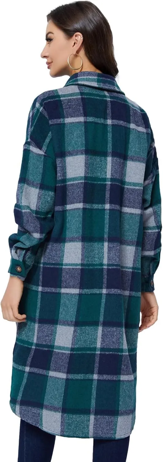 Xaspee Womens Long Plaid Shacket Jacket Casual Fashion Lapel Button Down Long Sleeve Long Plaid Coat with Pockets