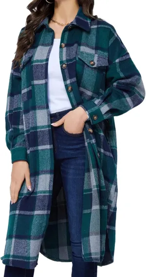 Xaspee Womens Long Plaid Shacket Jacket Casual Fashion Lapel Button Down Long Sleeve Long Plaid Coat with Pockets