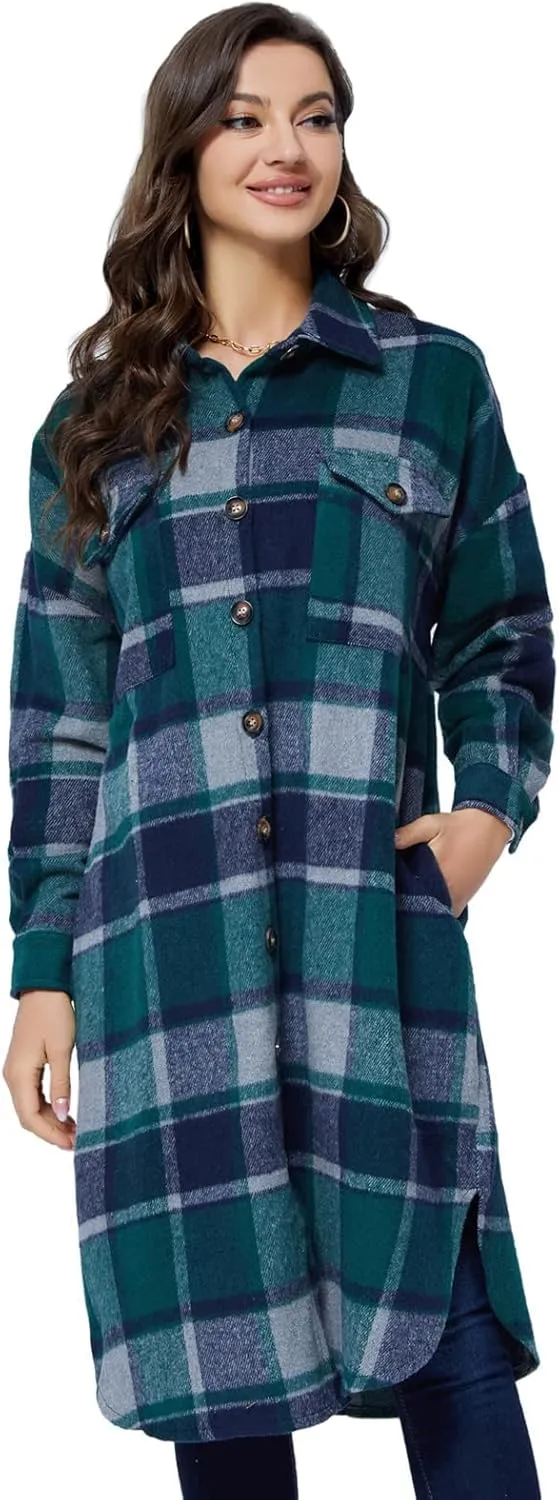 Xaspee Womens Long Plaid Shacket Jacket Casual Fashion Lapel Button Down Long Sleeve Long Plaid Coat with Pockets