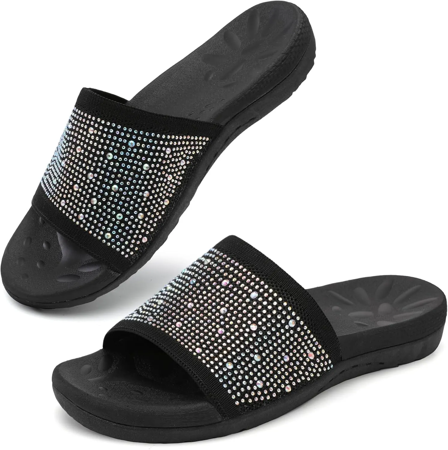 XIHALOOK Womens Knit Slides Sandals with Plantar Fasciitis Arch Support Ladies Yoga Mat Thick Cushion Slippers Sandals Slip On for Indoor Outdoor