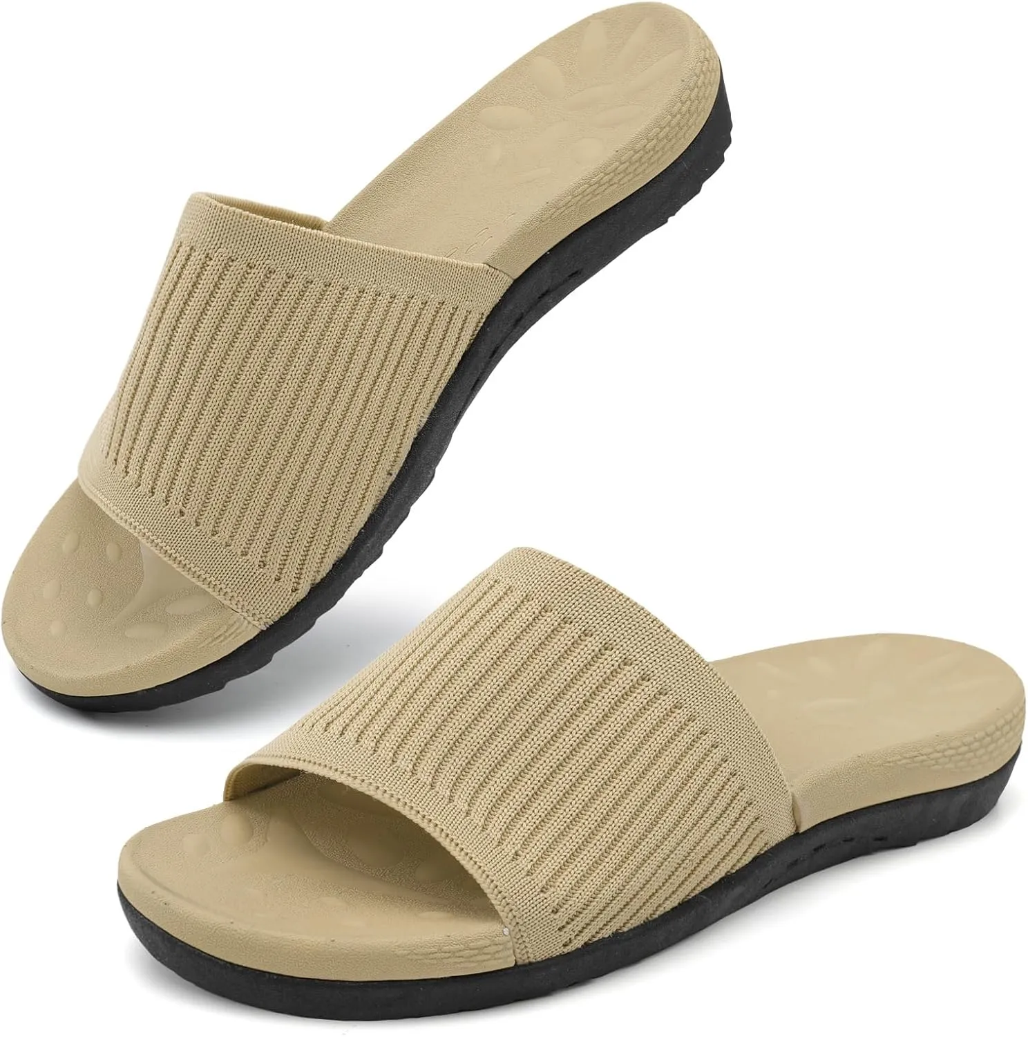 XIHALOOK Womens Knit Slides Sandals with Plantar Fasciitis Arch Support Ladies Yoga Mat Thick Cushion Slippers Sandals Slip On for Indoor Outdoor