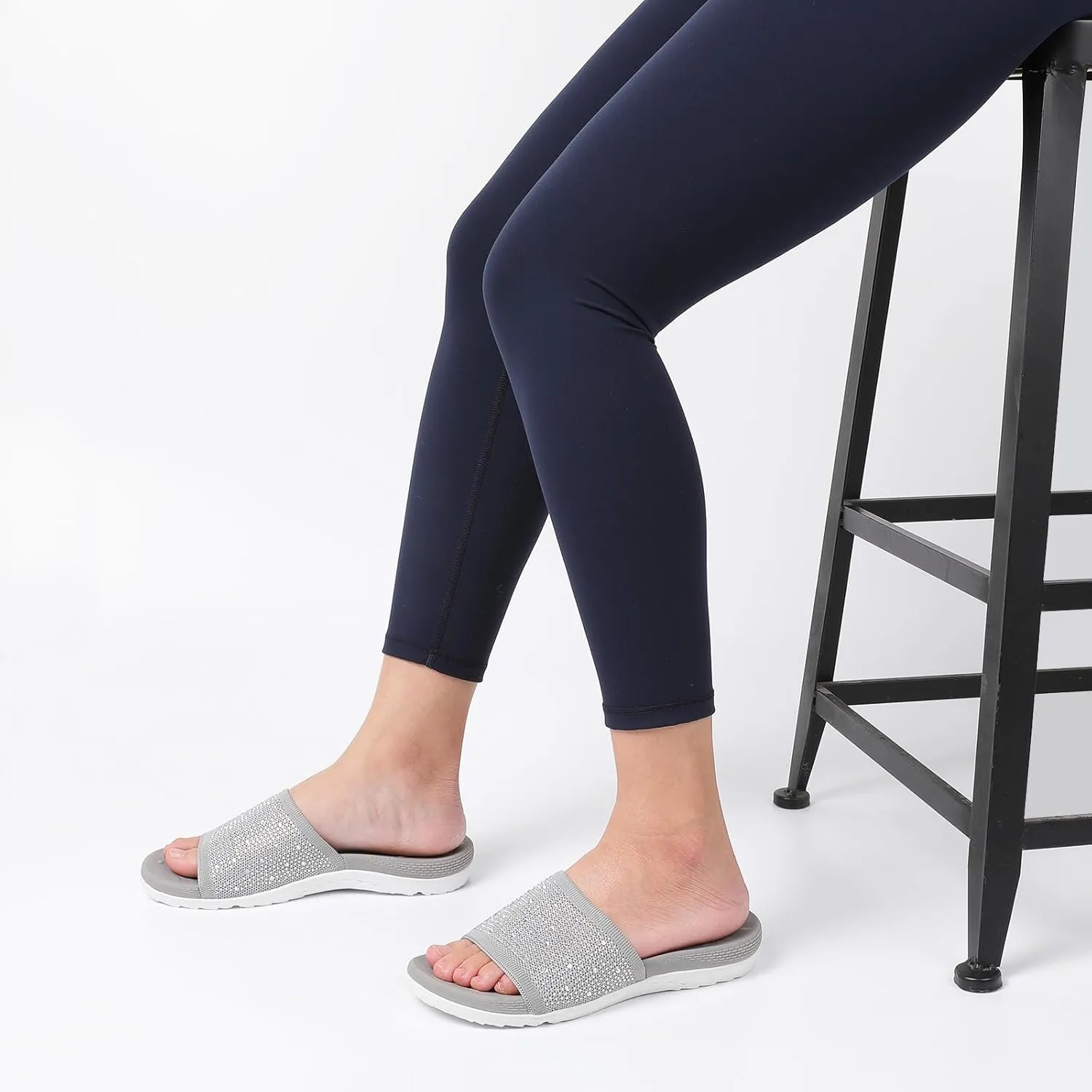XIHALOOK Womens Knit Slides Sandals with Plantar Fasciitis Arch Support Ladies Yoga Mat Thick Cushion Slippers Sandals Slip On for Indoor Outdoor