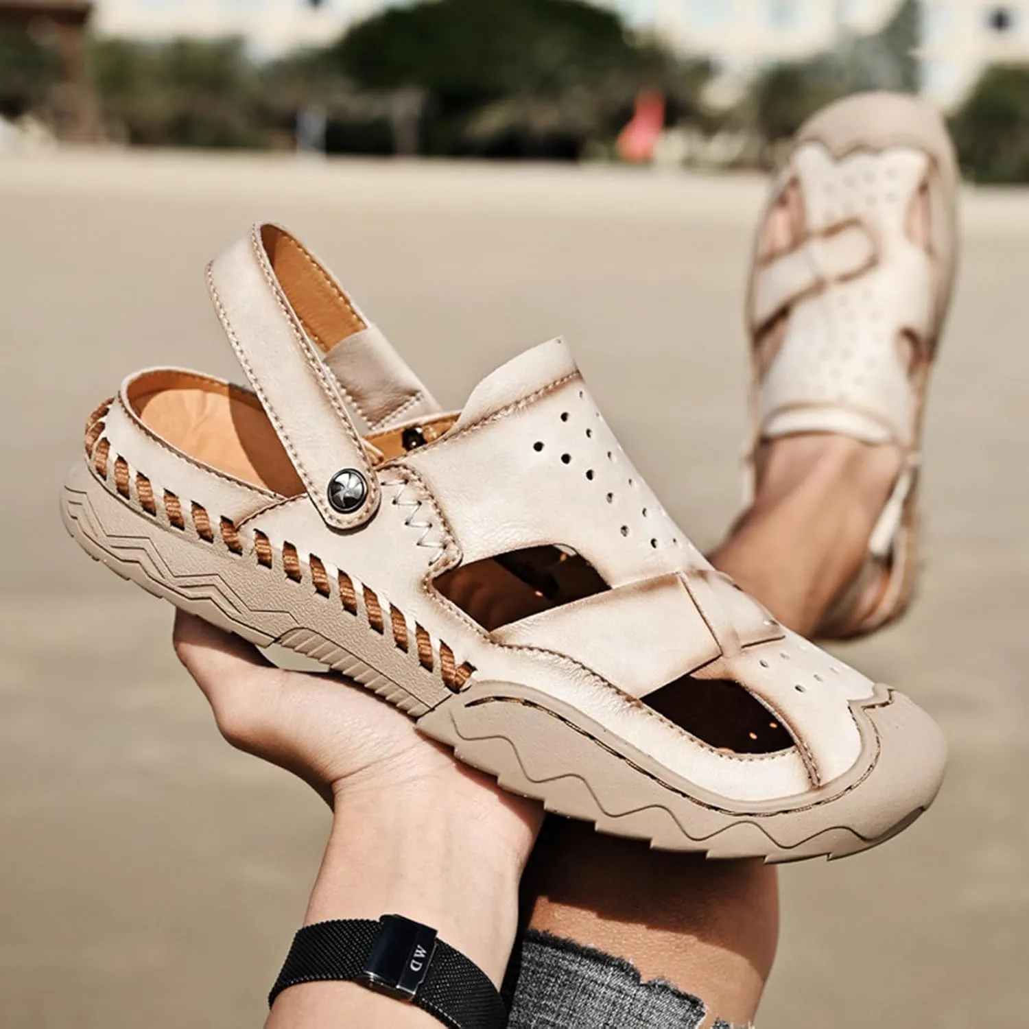 Zeberfi Men's Genuine Leather Closed Toe Fisherman Sandals Casual Outdoor Athletic Handmade Adjustable Slip On Beach Shoes Summer Breathable Comfort Walking Sports Hiking Sandals