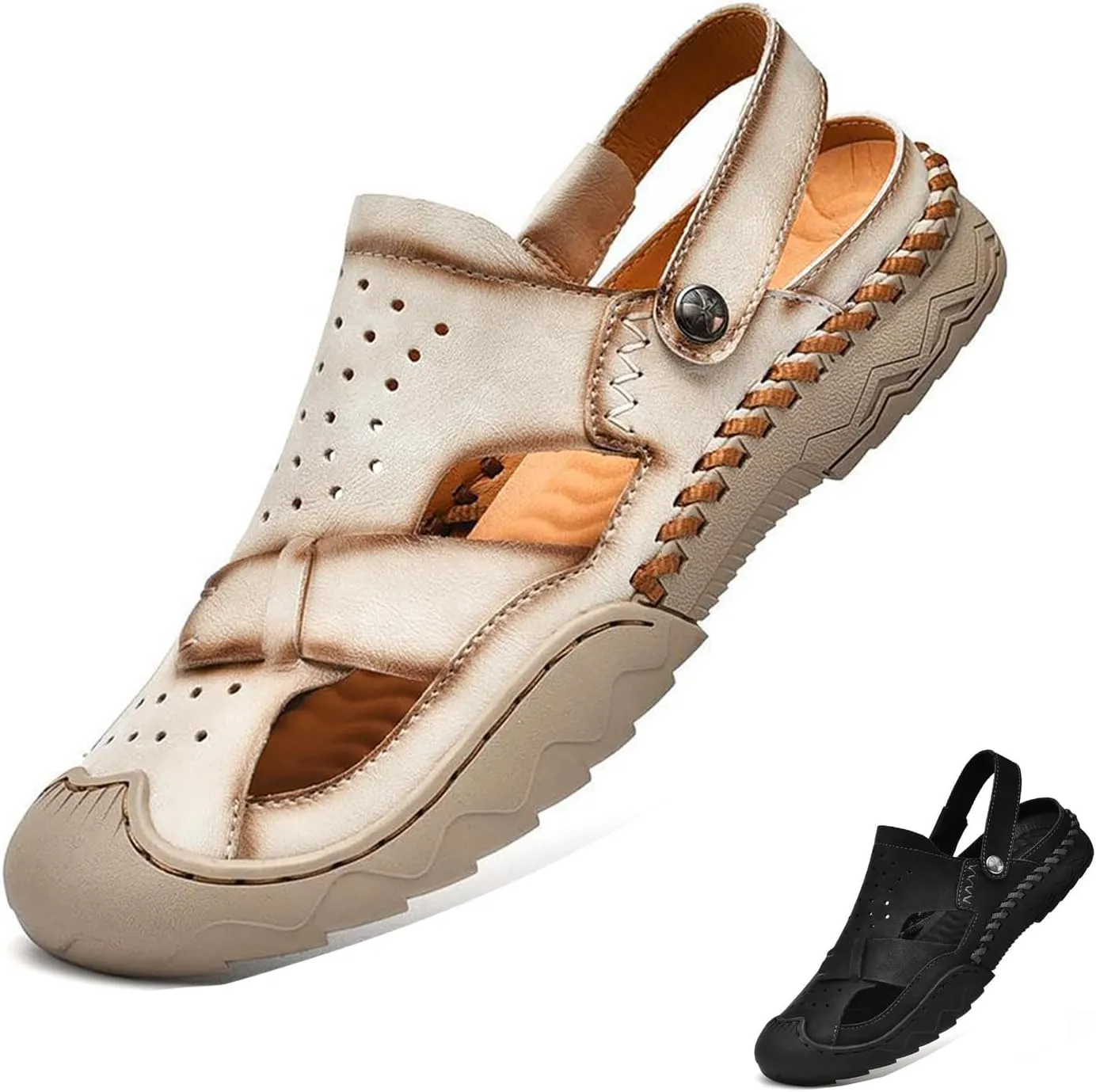 Zeberfi Men's Genuine Leather Closed Toe Fisherman Sandals Casual Outdoor Athletic Handmade Adjustable Slip On Beach Shoes Summer Breathable Comfort Walking Sports Hiking Sandals