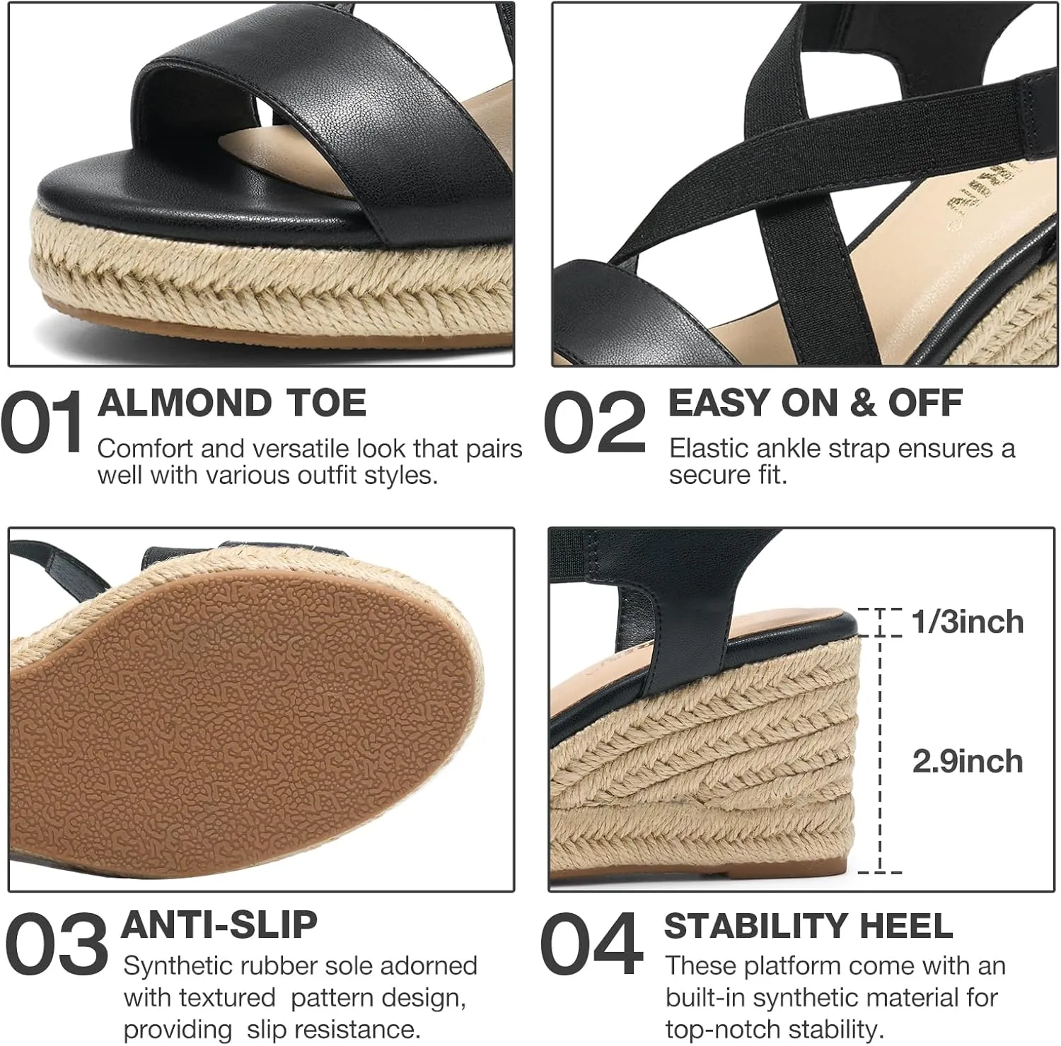 ZURIN Womens Open Toe Espadrilles Dressy Platform Sandals Elastic Ankle Strap Comfortable Wedges Casual Sandals