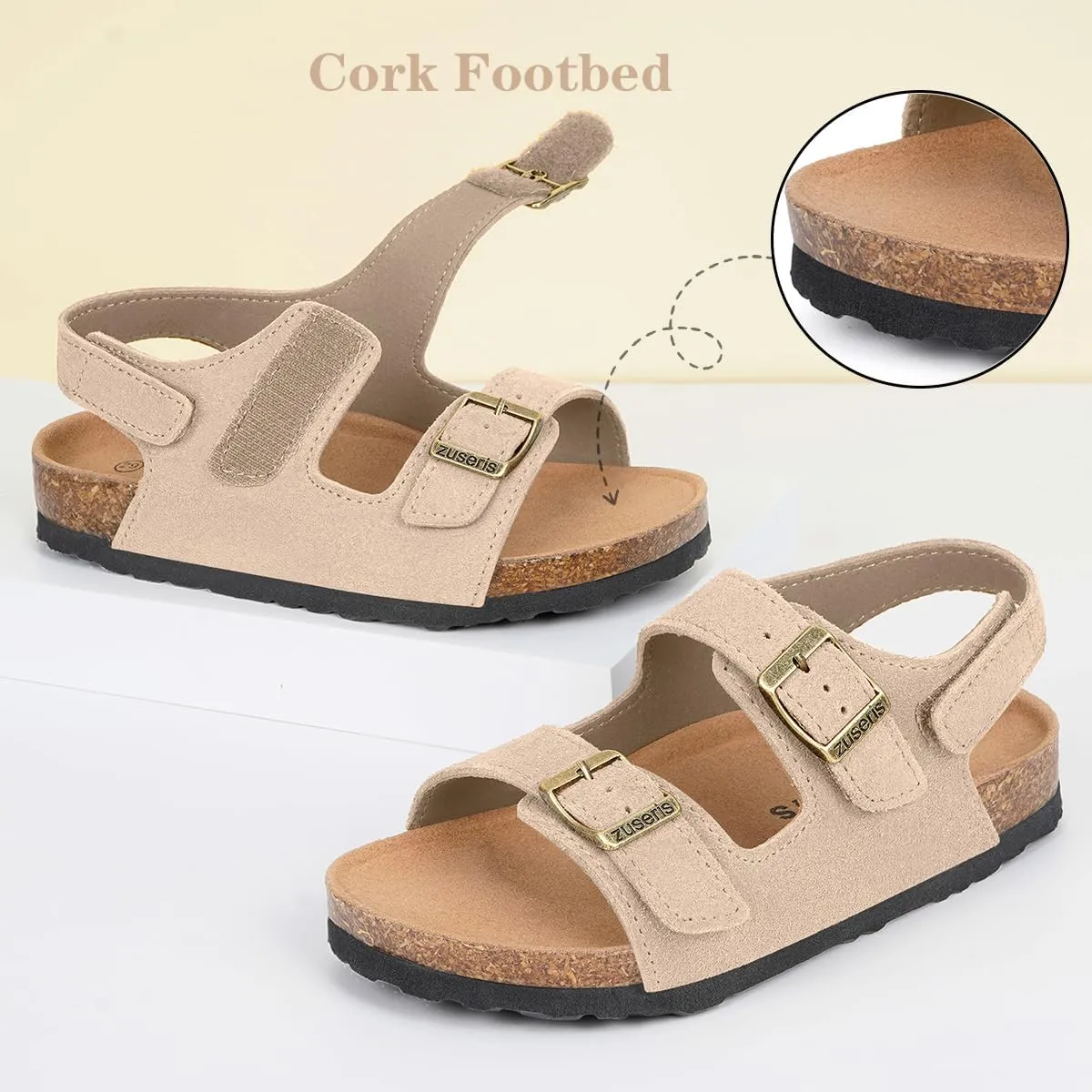 ZUSERIS Kids Toddler Sandals Boys Girls Cork Footbed Sandal Comfort Double Buckle Slip On Slippers with Adjustable Back Strap